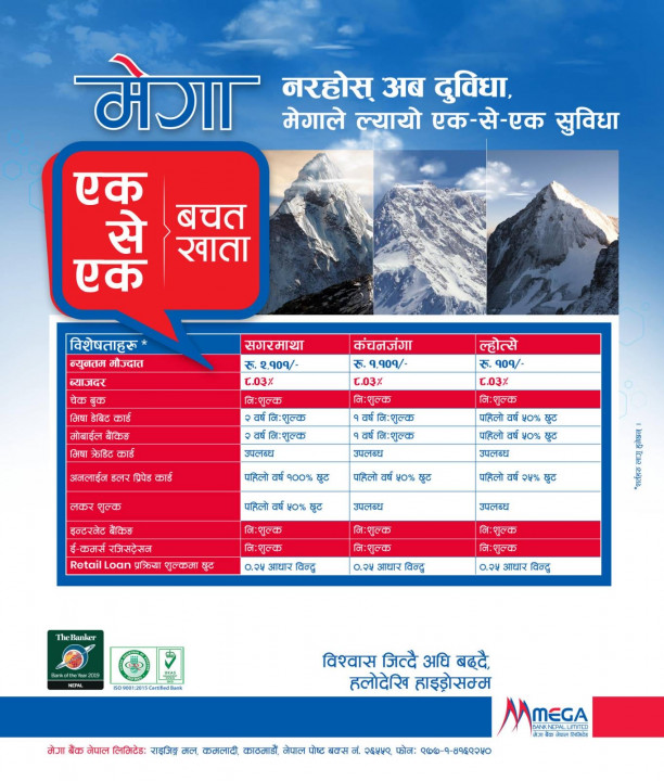मेगा बैंकले ल्यायो ‘एक–से–एक बचत खाता’ 